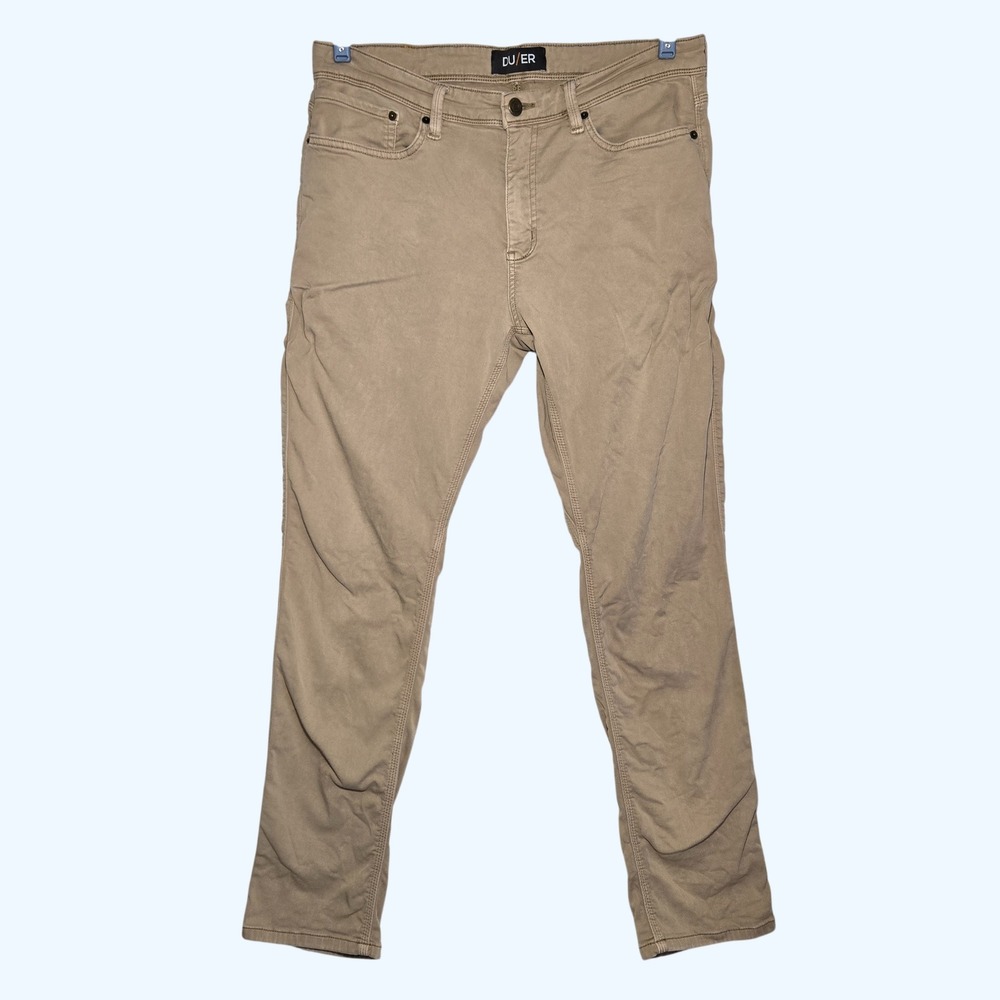DU/ER No Sweat Tapered Pants FLAWS Tan Khaki Mens 36x32 (Fits ~35x30) READ